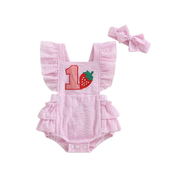 FeMereina Baby Girl Strawberry Birthday Romper Fly Sleeve Bodysuit with Headband