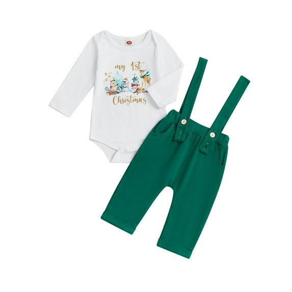 FeMereina Baby Girls Christmas Outfits My 1st Christmas Baby Boys Long Sleeve Letters Print Romper with Overall Pants Infant New Year Clothes