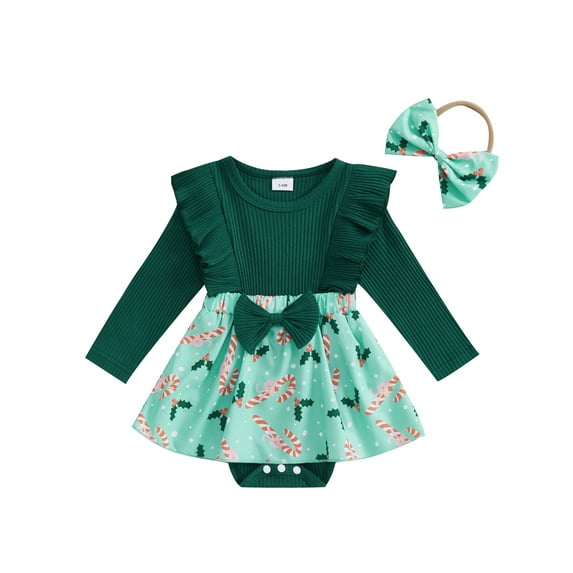 FeMereina Baby Girls Christmas Romper Candy Cane Print Long Sleeve Jumpsuits and Cute Headband Set for Toddler 2 Piece Outfits