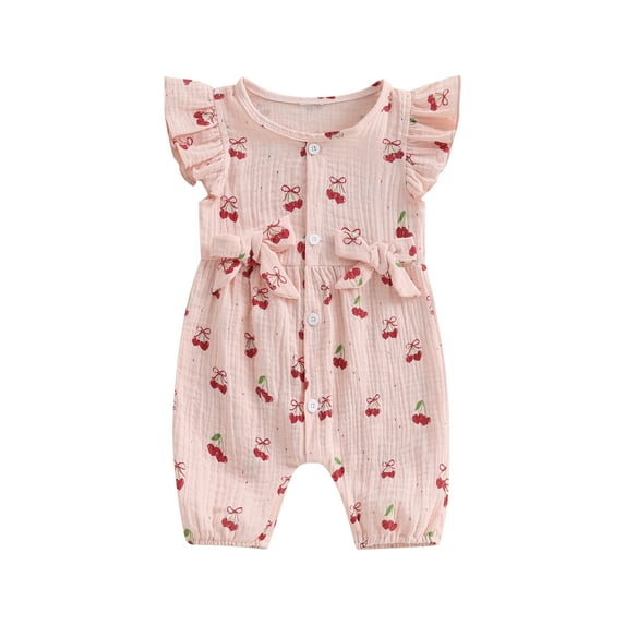 FeMereina Baby Girls Rompers Cherry Print Round Neck Fly Sleeve Bodysuits