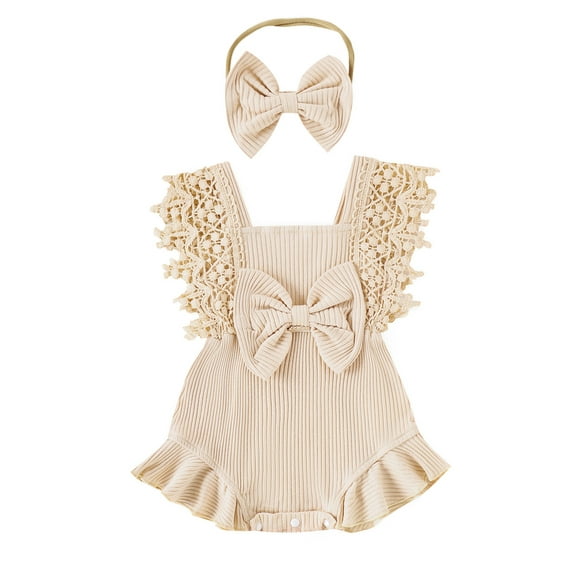FeMereina Newborn Baby Girl Lace Romper Ruffle Sleeveless Backless One Piece Jumpsuit Bodysuit with Headband Summer Clothes