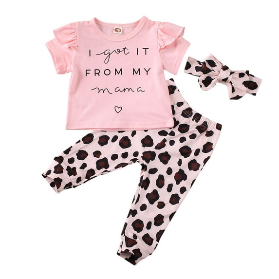 FeMereina Newborn Baby Girls 3Pcs Outfits Pink Short Sleeve T-shirt Leopard Printed Long Pants Headband Set Summer Fall Clothes