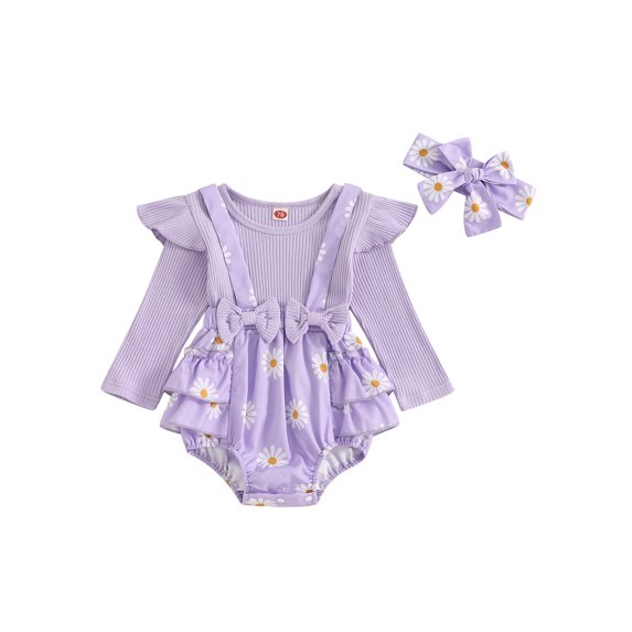 FeMereina Newborn Baby Girls Outfit Long Sleeve Crew Neck Daisy Printed Patchwork Romper with Hairband Fall Clothes