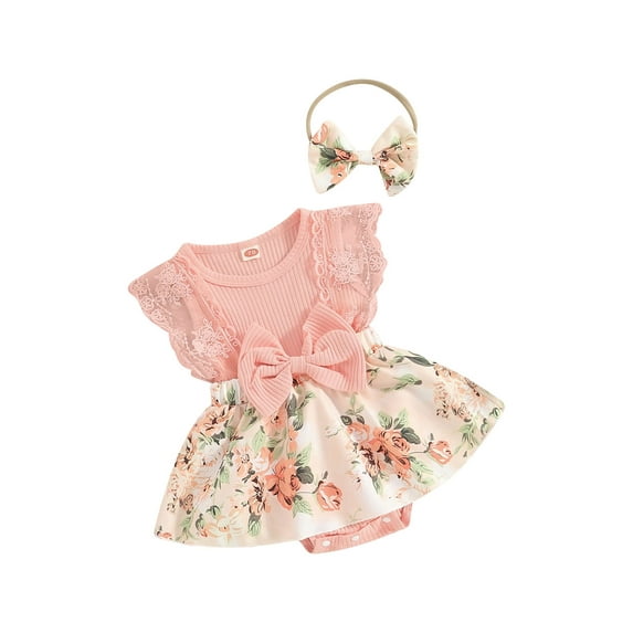 FeMereina Newborn Baby Girls Romper Dress Infant Lace Ruffle Sleeveless Summer Outfits with Headband 0-18 Months Cute Clothes