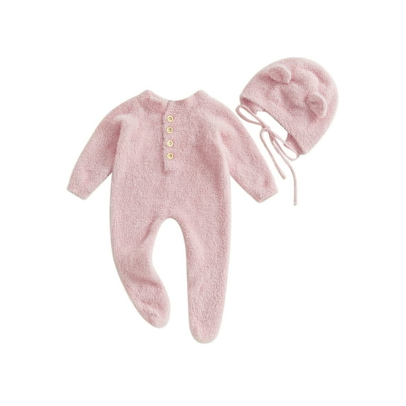 FeMereina Newborn Infant Baby Jumpsuit Fleece Rompers Long Sleeve Footie Jumpsuit Hat Outwear Winter Outfits