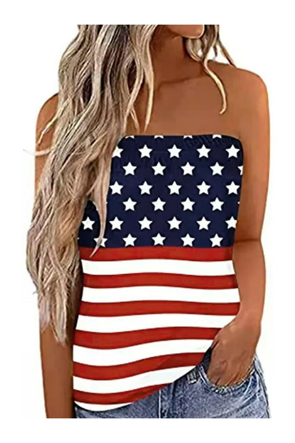 Women Striped Strapless Bandeau Tank Casual Sleeveless Summer Loose Holiday Tube Top Shirt Blouse