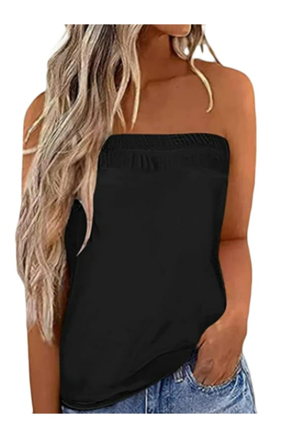 Women Striped Strapless Bandeau Tank Casual Sleeveless Summer Loose Holiday Tube Top Shirt Blouse