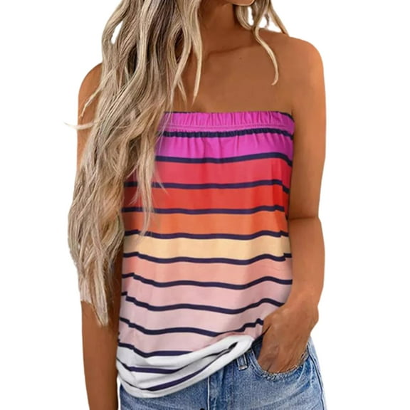 FeMereina Women Striped Strapless Bandeau Tank Casual Sleeveless Summer Loose Holiday Tube Top Shirt Blouse
