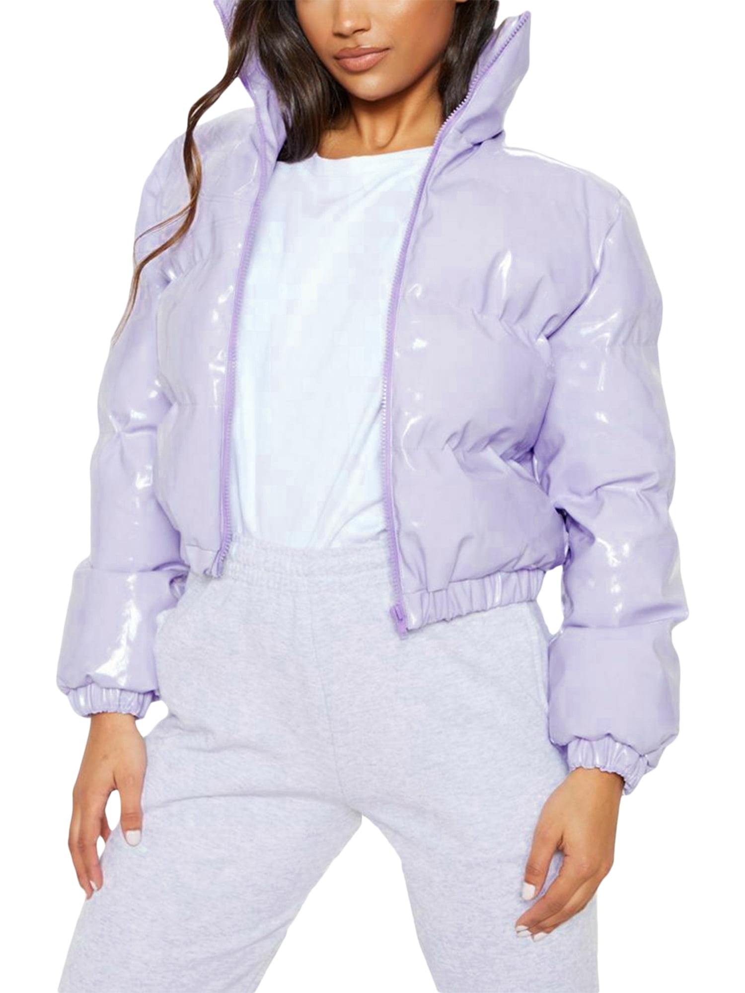 Women's Prettylittlething Light Blue Text Front Funnel Neck Cropped Puffer Jacket - Size Xs