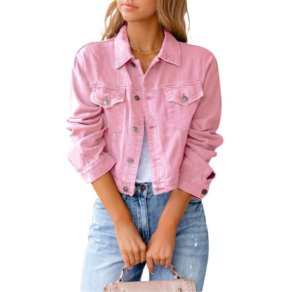 FeMereina Women's Loose Denim Jacket Long Sleeve Button Down Jean Trucker Jacket with Pockets