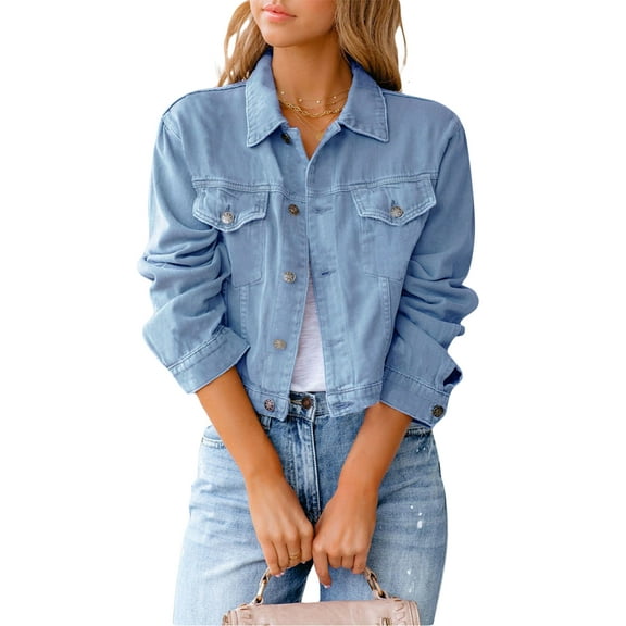 FeMereina Women's Loose Denim Jacket Long Sleeve Button Down Jean Trucker Jacket with Pockets