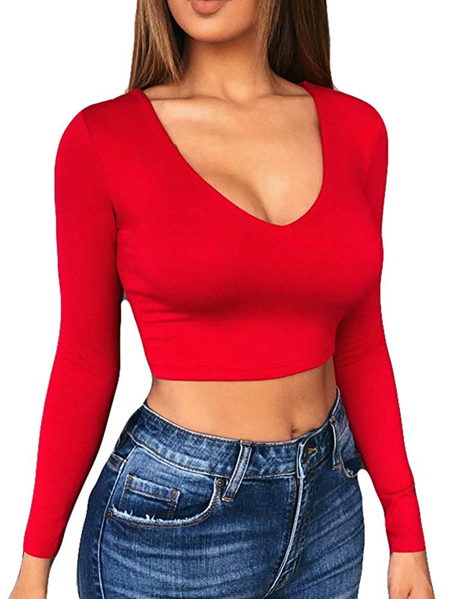 FeMereina Womens V-neck Crop Top Long Sleeve Shirt Blouse Sweater Vest Tops