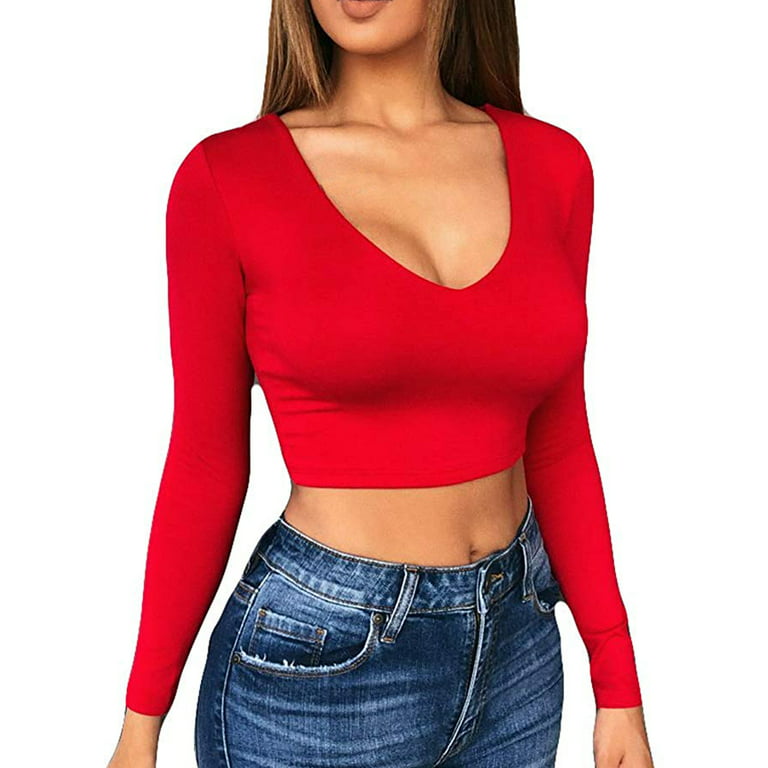 FeMereina Womens V-neck Crop Top Long Sleeve Shirt Blouse Sweater Vest Tops