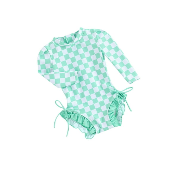 FeMereinaToddler Rash Guard One Piece Swimsuit Baby Girls Long Sleeve Ruffles Swimwear Zipper Bathing Suit Checkerboard Outfit