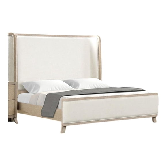 Fea Queen Bed-Natural Oak-Shelter Padded Headboard-White Upholstery