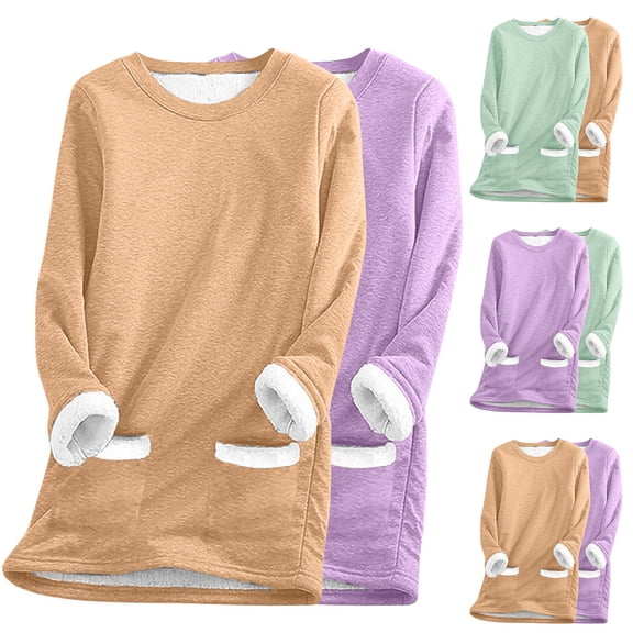 Feancey 2 Pack Pajamas for Women Sherpa Fleece lined Sweatshirts Winter Fuzzy Warm Crewneck Pullover Soft Cozy Loungewear Thermal Tops with Pockets Khaki XXL