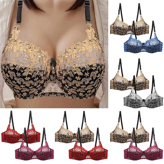 Feancey 2 Pack Push Up Bras for Women Lace Embroidered Plus Size Bra Semi See Through Underwire Brassiere Support Lift Up Bralettes Blue L