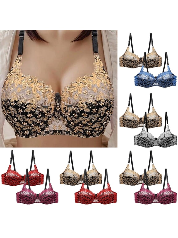 2 Pack Push Up Bras for Women Lace Embroidered Plus Size Bra Semi See Through Underwire Brassiere Support Lift Up Bralettes Hot Pink L