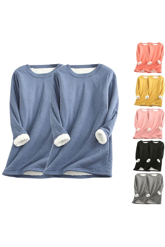 2 Pack Women Crewneck Sweatshirt Winter Plus Size Fleece Lined Pajama Tops Solid Color Casual Long Sleeve Thermal Pullover Orange S