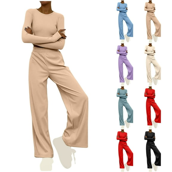 Feancey 2 Piece Lounge Sets for Women Ribbed Knit Long Sleeve Crop Top Wide Leg Pants Sweatsuits Solid Color Slim Fit Sleepwear Outfits with Thumb Holes Beige XL