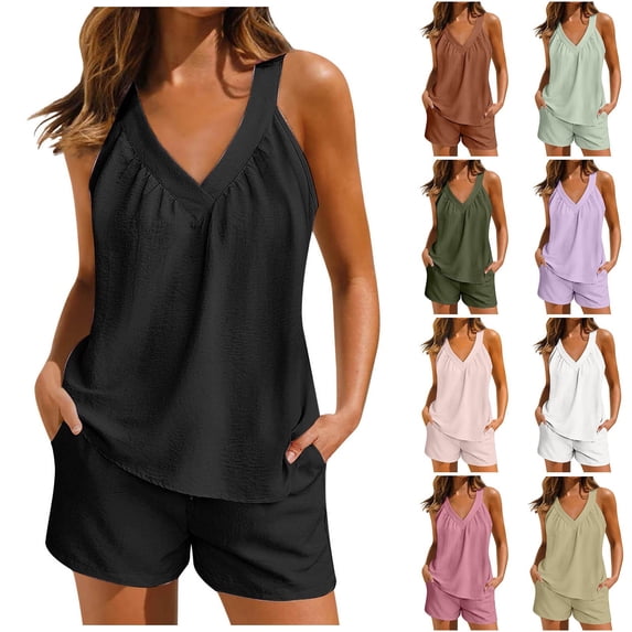 Feancey 2 Piece Lounge Sets for Women Soft Pajama V Neck Cami Pj Shorts Set with Pockets Cute Sleepwear Summer Outfits Summer Sales Purple M