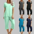 thumbnail image 1 of Feancey 2 Piece Pjs Sets for Women Casual Short Sleeve Round Neck Top and Capri Pants Matching Lounge Set Solid Color Loose Pajama Two Piece Spring Sale 2025 Navy M, 1 of 9