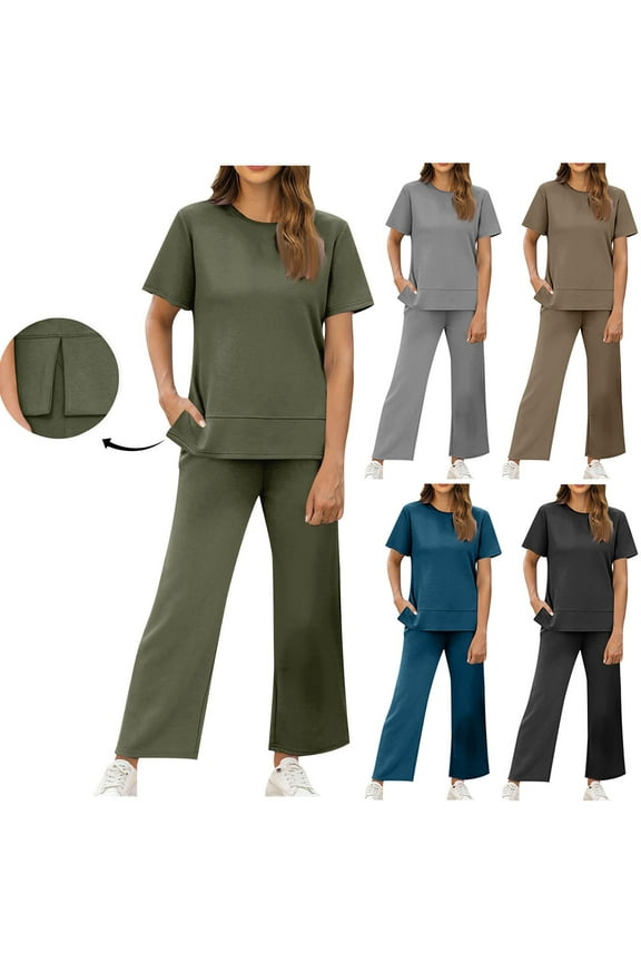 2 Piece Sets for Women Going Out Travel 2025 Summer Side Slit Tops and Loose Pants Lounge Set Solid Color Casual Two Piece Outfits with PocketsKhaki M