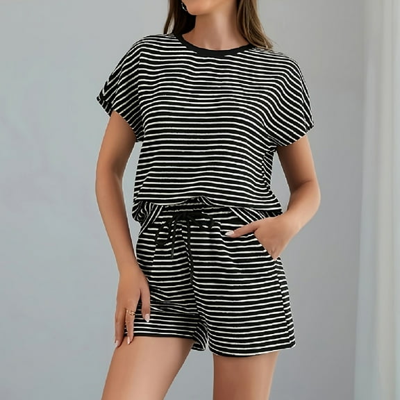 Feancey 2 Piece Striped Knit Sets for Women Short Sleeve Crewneck Top and Drawstring Shorts Matching Lounge Set Cozy Casual Sleepwear Outfits White L