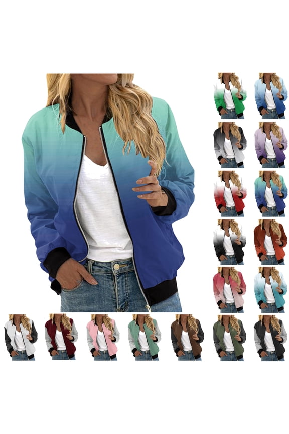 2025 Fashion Fall Jackets for Women Gradient Color Bomber Jackets Lightweight Zip Up Flight Jacket Coat Casual Elastic Ribbed Varsity Jacket Today's Clearance Sale,Purple,L