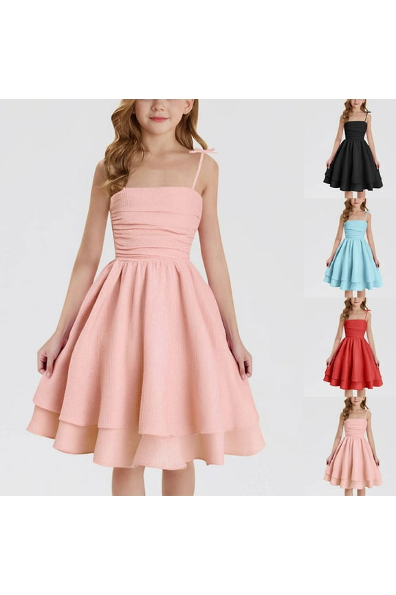 2025 Summer Girls Cami Dresses Trendy Adjustable Strap Flowy A Line Dress Elegant Sleeveless Mini Dresses for Tween Girl Black 12-13 Years
