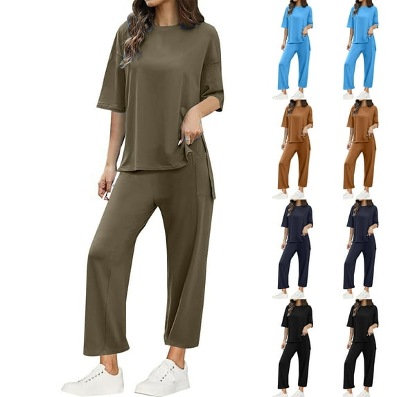 Feancey 2025 Two Piece Outfits for Women Basic Solid Color Dressy Casual Lounge Set Athletic Pants and Top Travel Sets with PocketsCoffee S