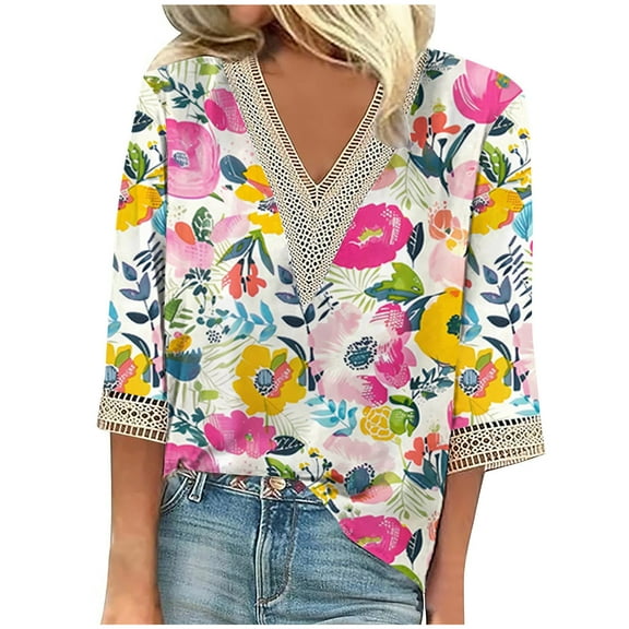 Feancey 2025 Womens Summer Lace V neck Shirts Casual Floral Print 3/4 Length Sleeve Tshirt Tops Dressy Trendy Lace Patchwork Sleeve Blouses