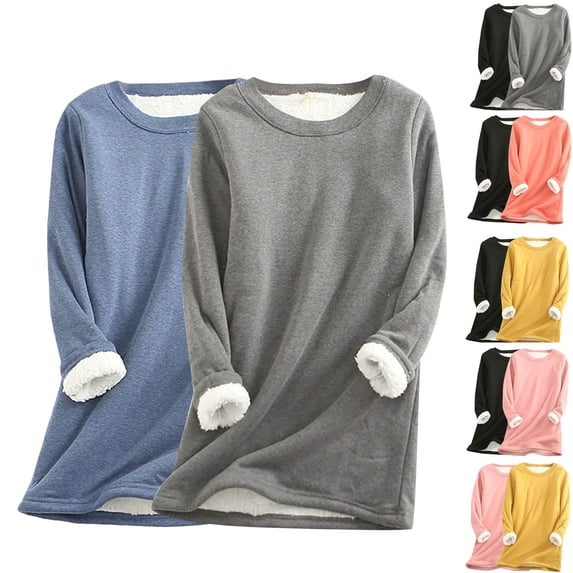 Feancey 2PC Fleece Lined Pullover Women Plus Size Thermal Tops Winter Warm Fuzzy Crewneck Sweatshirts Solid Color Lounge Pajamas Multicolor 5XL