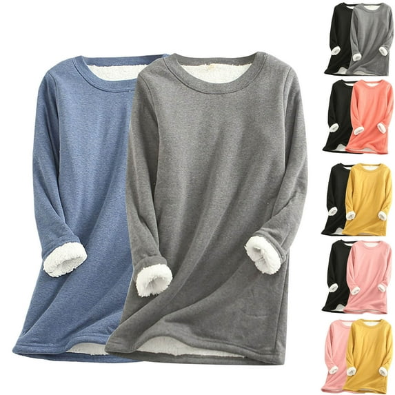 Feancey 2PC Fleece Lined Pullover Women Plus Size Thermal Tops Winter Warm Fuzzy Crewneck Sweatshirts Solid Color Lounge Pajamas Pink XL