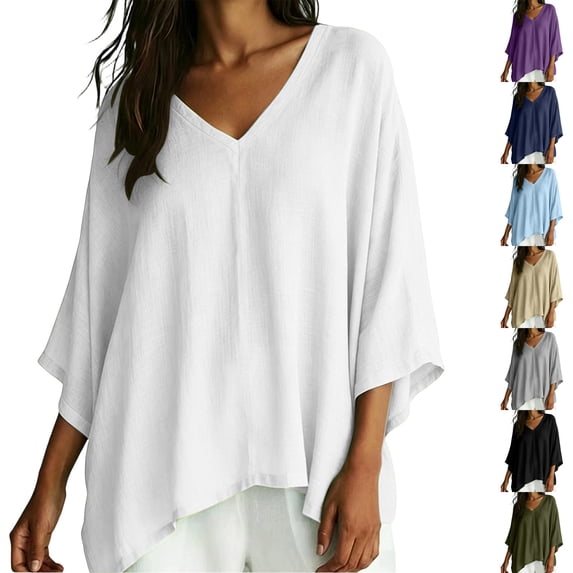 Feancey 3/4 Batwing Sleeve Tops for Women V Neck Casual Oversized T-Shirts Flowy Asymmetric Hem Summer Blouse Solid Color Tunic Shirt Vacation Outfit Army Green L