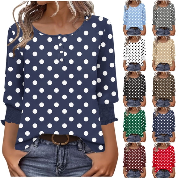 Feancey 3/4 Length Sleeve Blouses for Women Dressy Casual Polka Dot Print Button Up Shirts Smocked Cuffs Crewneck Pullover Tops Wine S