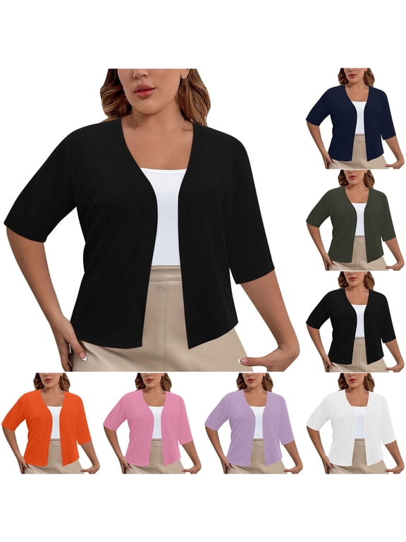 3/4 Length Sleeve Womens Cardigan 2025 Cotton Lightweight Plus Size Cropped Cardigans Solid Color Casual Open Front Outerwear 90 Off Clearance Sale