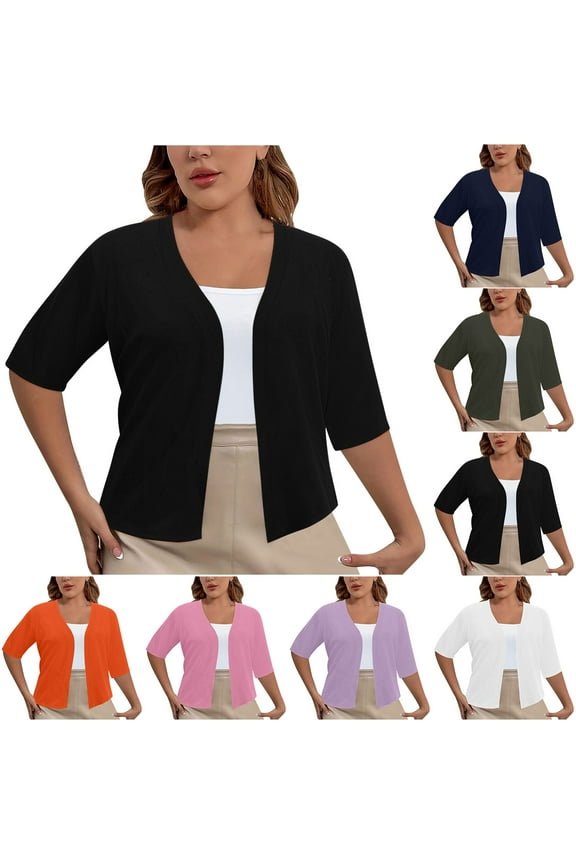 3/4 Length Sleeve Womens Cardigan 2025 Cotton Lightweight Plus Size Cropped Cardigans Solid Color Casual Open Front Outerwear Sales Today