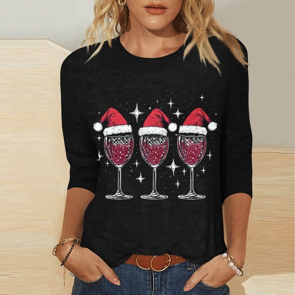 Feancey 3/4 Length Sleeve Womens Tops Christmas Reindeer Print Round Neck Blouse Holiday Casual Plus Size Tshirts Trendy Going Out Tees Black 5XL