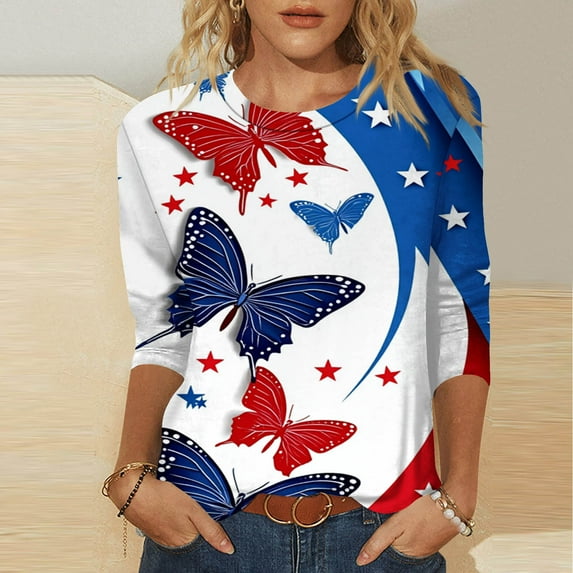 Feancey 3/4 Length Sleeve Womens Tunic Tops 4th of July T Shirts for Women Butterfly Print Round Neck Blouse Loose Fit Casual Patriotic Graphic Tees 2025 Fashion Gift Ideas Multicolor S