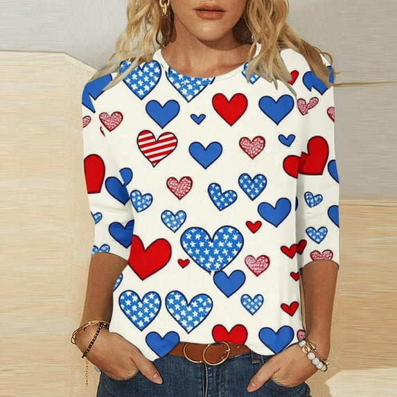 Feancey 3/4 Sleeve Blouse for Women Plus Size 4th of July Tops Holiday Casual Heart Print Cute Tee 2025 Trendy Independence Day T-Shirts Limited Time Sales Today Multicolor 5XL