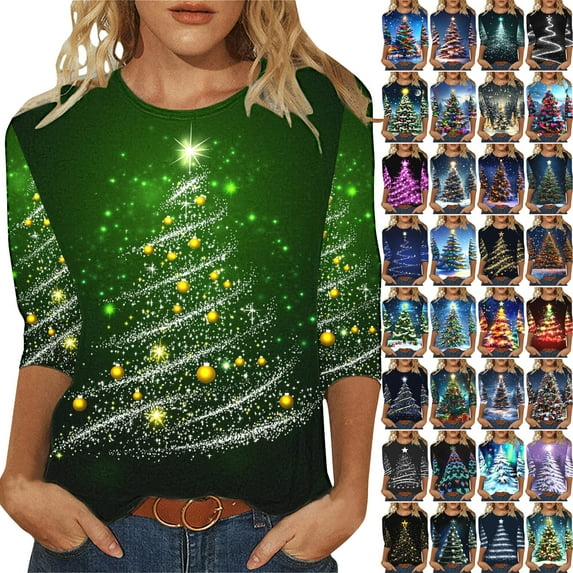 Feancey 3/4 Sleeve Blouses for Women Christmas Tree Print Fall Tops Dressy Casual Loose Holiday T-Shirts Fashion Crewneck Pullover Gold M