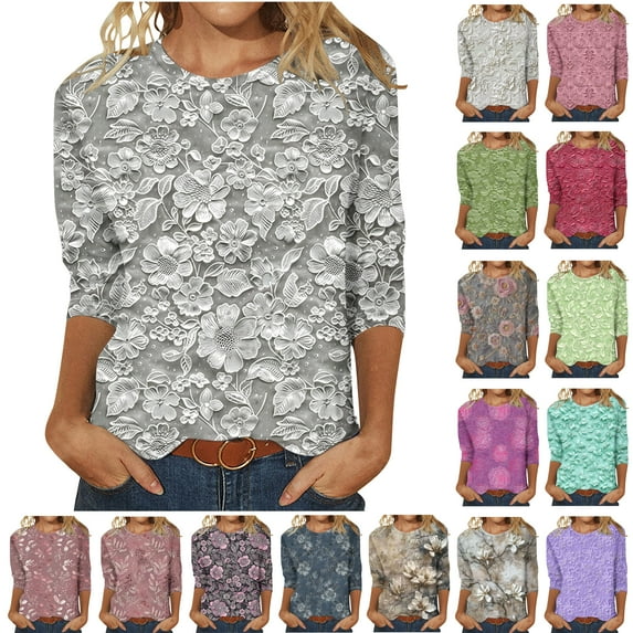 Feancey 3/4 Sleeve Blouses for Women Elegant Business Casual Tops Loose Fit Dressy Vintage Printed T-Shirts Comfy Crewneck Pullover Tees Multicolor XL