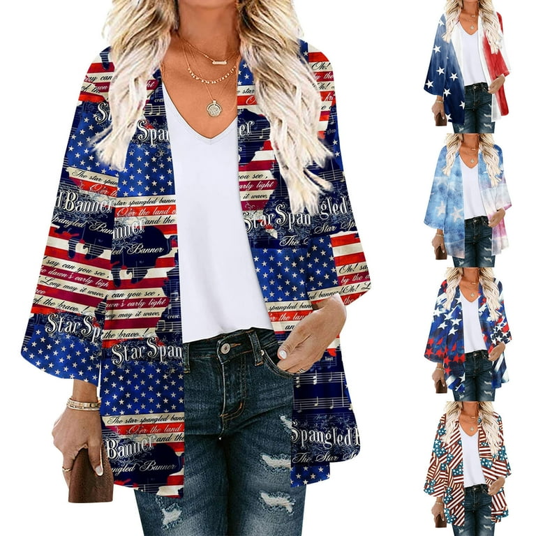Feancey 3 4 Sleeve Cardigan for Women 4th of July American Flag Print Open Front Shirts Lightweight Soft Patriotic Cardigans Summer Loose Beach