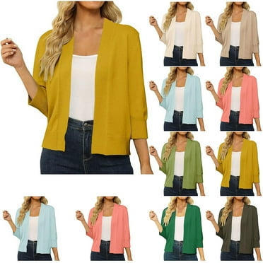 Feancey 3/4 Sleeve Cardigan for Women Lightweight Casual Knitted Shrugs Soft Open Front Dusters Cozy Ribbed Knit Cropped Cardigans Outwear Back to School Prime Sales Khaki L