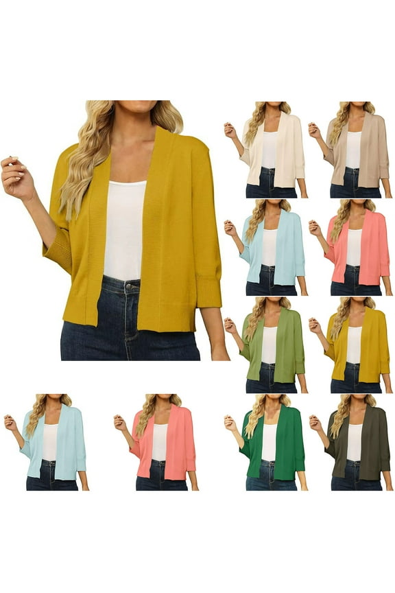 3/4 Sleeve Cardigan for Women Lightweight Casual Knitted Shrugs Soft Open Front Dusters Cozy Ribbed Knit Cropped Cardigans Outwear Beige L