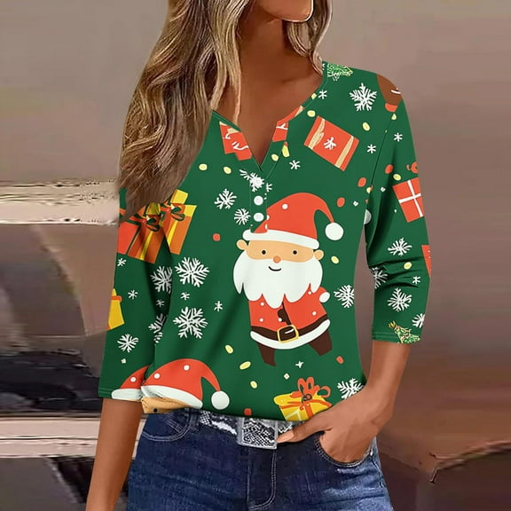 Feancey 3/4 Sleeve Christmas T-Shirts for Women Funny Santa Claus Print Henley Shirt Holiday Casual Button V Neck Tunic Tops Trendy Blouse Green L