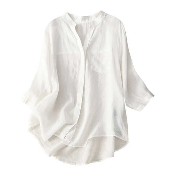 Feancey 3/4 Sleeve Cotton Linen Tops for Women Solid Colid Loose Henley Shirts Button Down V Neck Mid Length Blouses Summer Casual Shirt with Pockets