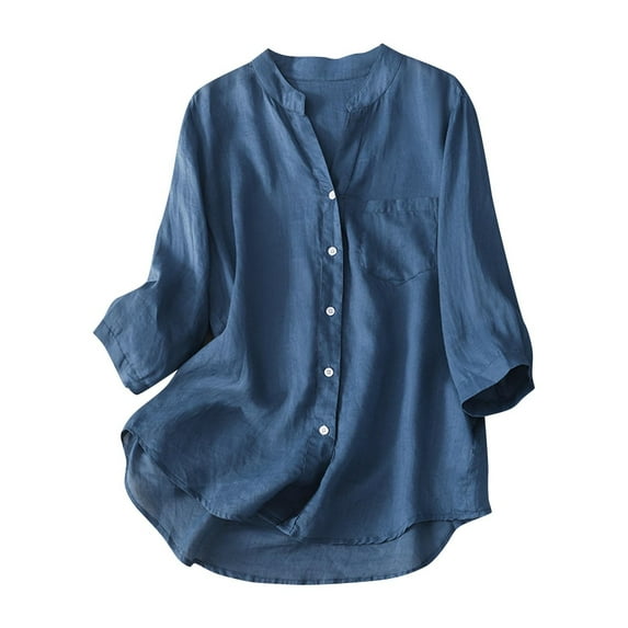 Feancey 3/4 Sleeve Cotton Linen Tops for Women Solid Colid Loose Henley Shirts Button Down V Neck Mid Length Blouses Summer Casual Shirt with Pockets