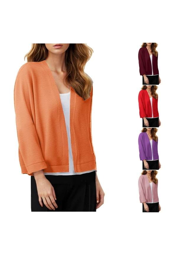 3/4 Sleeve Knit Cardigan for Women Cropped Casual Open Front Dusters Fall Cozy Soft Knitted Cardigans Womens Elegant Shrug Pink M